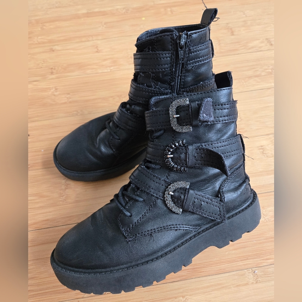 Zara women's Motorcycle boots with Rhinestone buckles. 